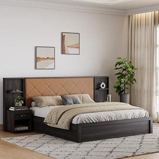 Wakefit Bed | 3 Yr Warranty | King Size Bed, Storage Box & Camel Fabric Cushioned Upholstery Headboard, Density:680–750 kg/m³, Termite & Borer Resistant, Fits Mattresses Up to 8 inches(Noctis78x72-WM)