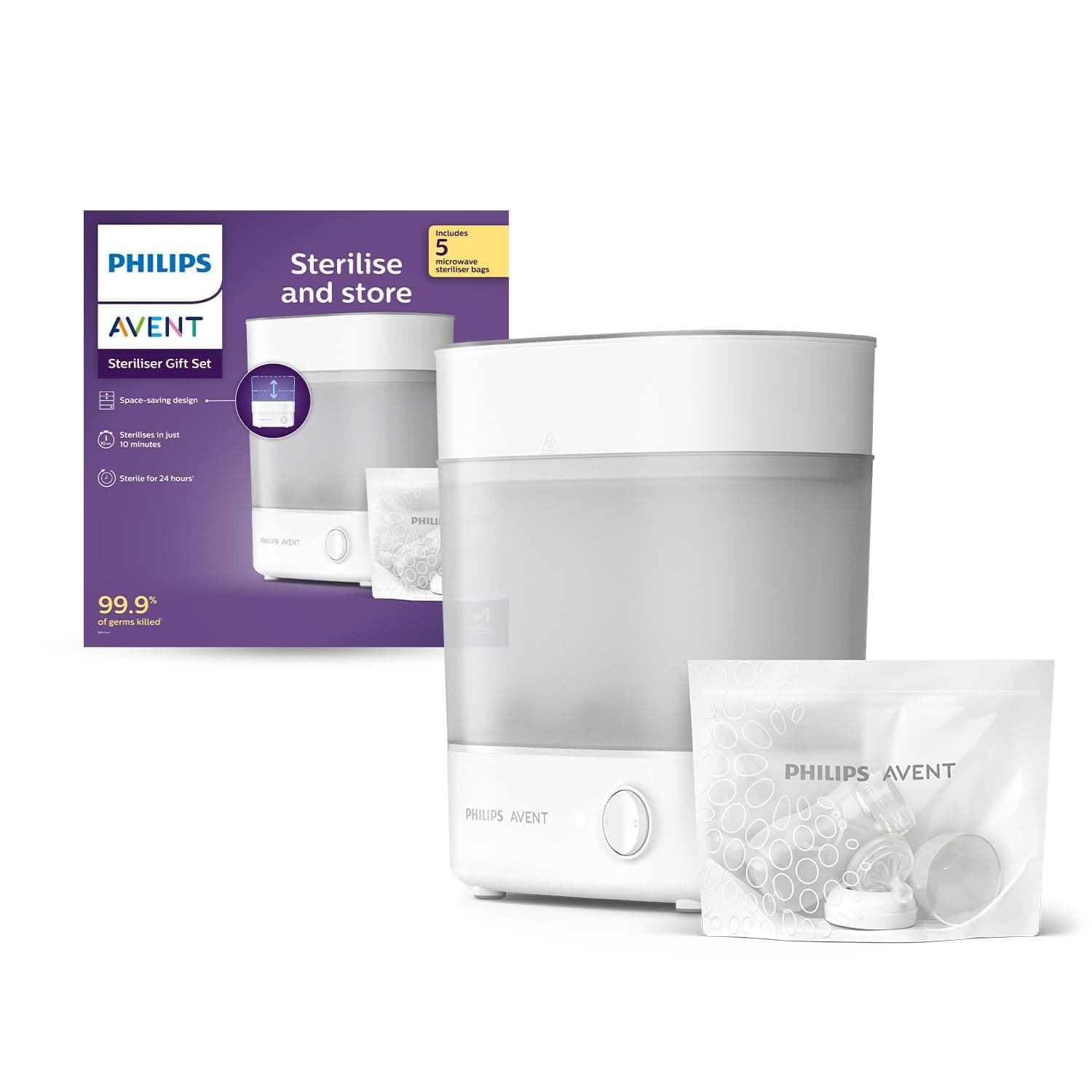 Philips Avent Steam Sterilizer With Microwave Sterilizing bags Combo| Babies Fall Ill Less in Philips Avent Sterilizer Homes & get 2X Better Germ Protection vs Boiling*| Kills 99.9%** Germs in 10 mins | 2 Yr Warranty | (SCF291/00 + SCF297/05)