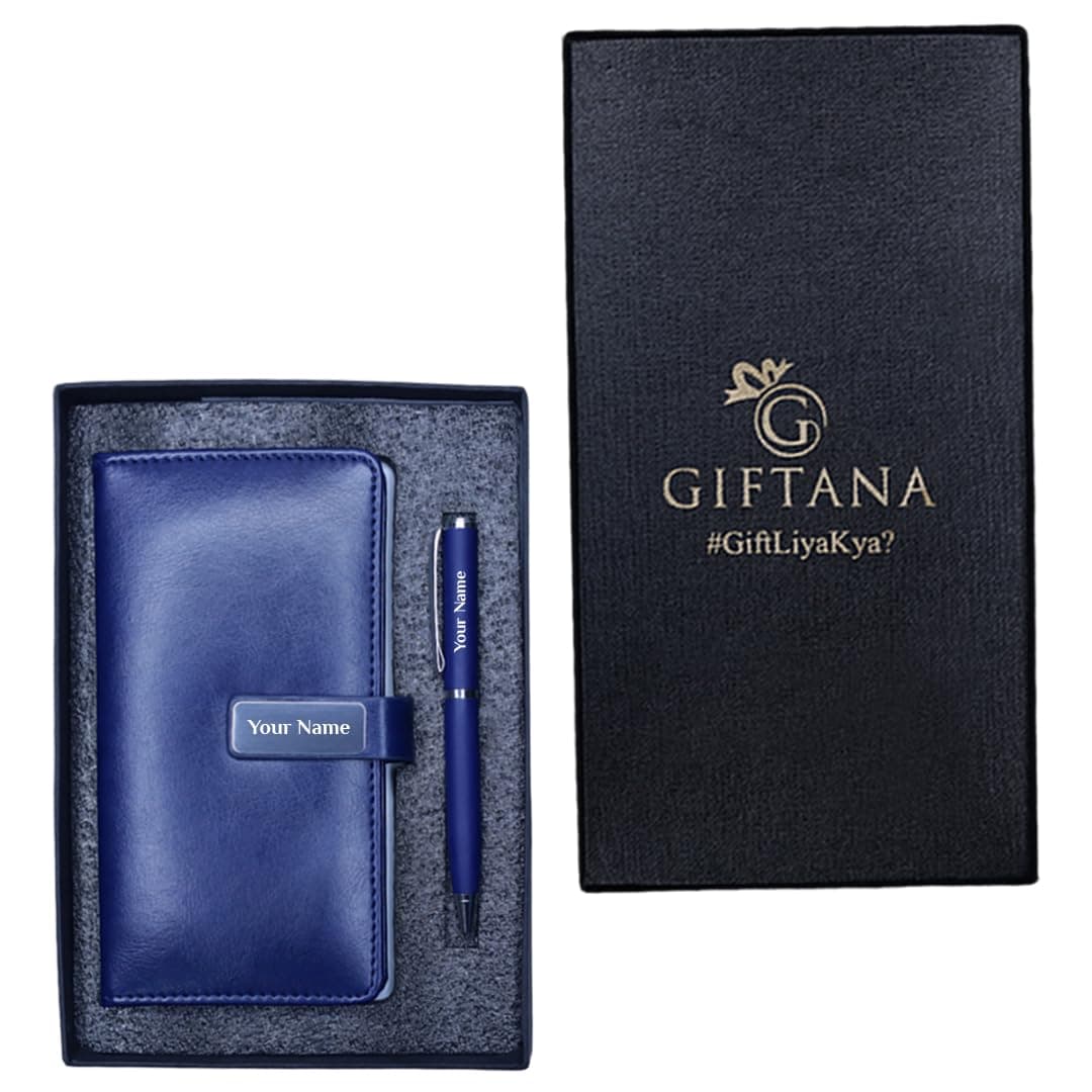 Giftana Personalized Diary and Pen Gift Set with Name, 2 in 1 Small Diary & Pen Gifts for Men and Women, Customized Birthday Gift for Husband, Personalised Corporate Gift for Employees- Navy Blue