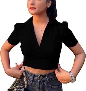 Aahwan Women's & Girls' Solid Basic V Neck Collared Ribbed Slim Fit Crop Top