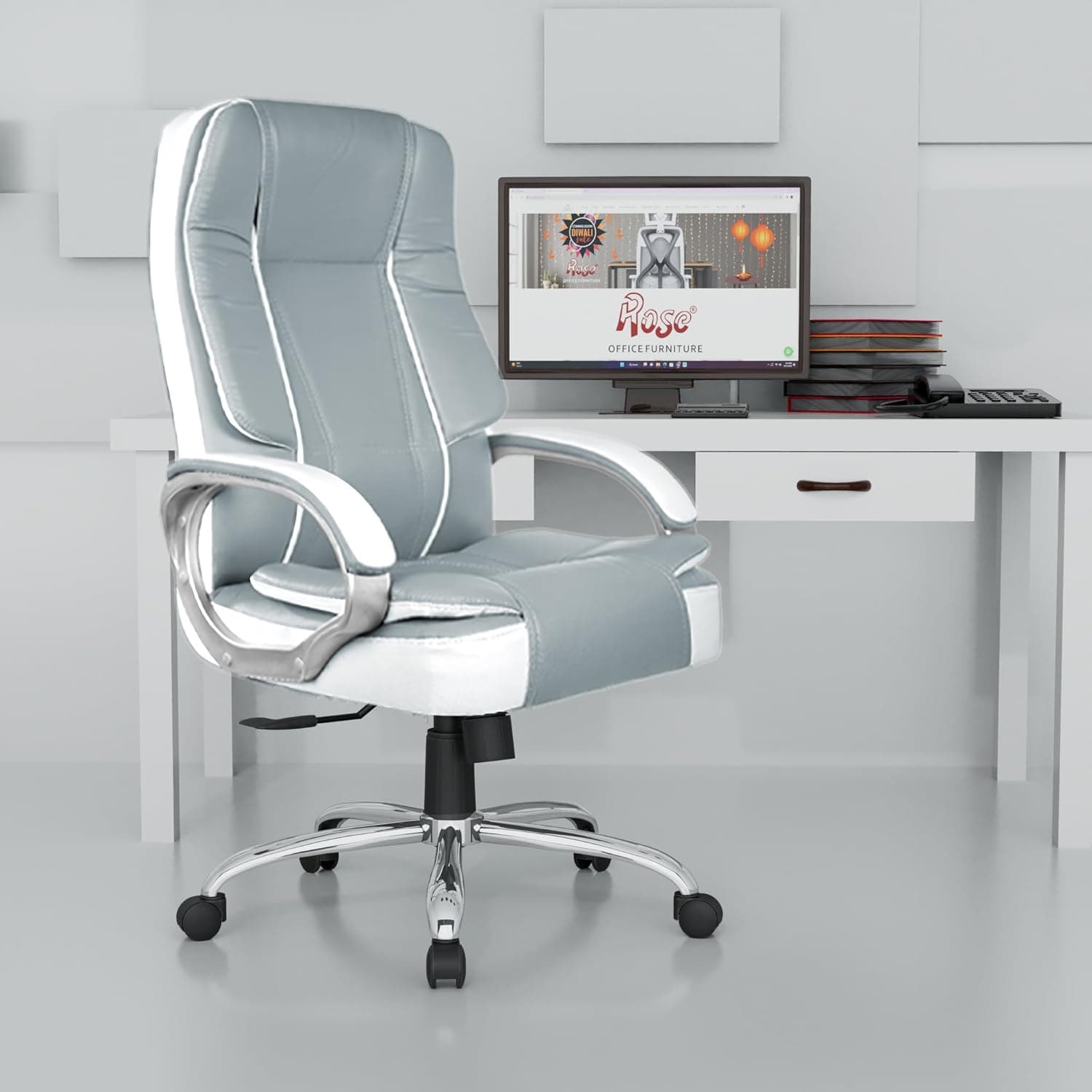 ROSE® SpaceX | 3 Years Brand Warranty | High Back Leatherette Executive Office Chair with Cushion, Armrest & Adjustable Height | Comfortable Swivel Boss Chair for Manager, Trader & WFH (Grey & White)