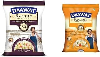 DAAWAT SehatMini Mogra Rice, 5kg + Daawat Rozana Super Basmati Rice 5Kg| For Everyday Consumption| Cooked Grain Upto 13mm*| Naturally A