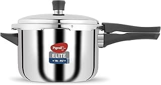 Pigeon By Stovekraft Elite Shine 5Liters Tri-Ply Body Outer Lid Pressure Cooker Induction And Gas Stove Compatible That Distributes Heat Evenly For Uniform Cooking (Stainless Steel, Silver)