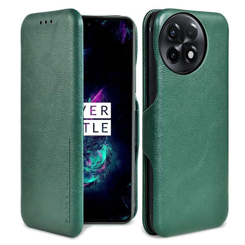 PULOKA for OnePlus 13R - Sleek Flip Case - Premium Vegan Leather Phone Cover with Card Slot - Slim, Durable, Privacy Protection, Shockproof - Kickstand Function - Elegant Flip Wallet Cases - Green