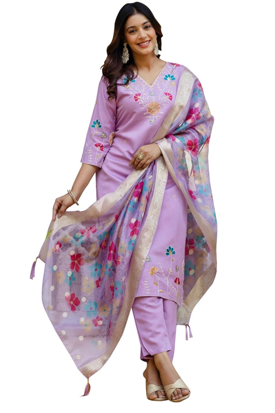 VredeVogel Women's Beads Embroidered Silk Blend Kurta Pant Set with Organza Dupatta | Perfect for Festive & Casual Ethnic Kurta Set for Women
