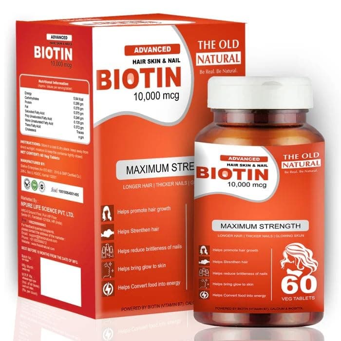 The Old Natural Biotin 10000 mcg Tablets for Hair Growth, Skin & Nails | High Strength Biotin Supplement for Women & Men | Supports Keratin Production & Beauty Wellness | 100% Vegan | 60 Veg Tablets