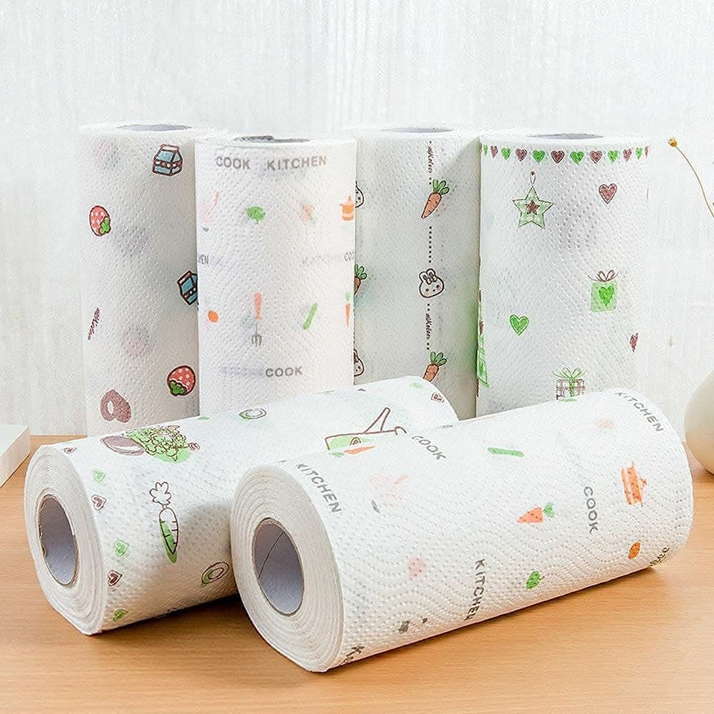 SGMVK Non-Woven Reusable and Washable Kitchen Printed Tissue Roll Non-stick Oil Absorbing Paper Roll Kitchen Special Paper Towel Wipe Paper Dish Cloth Cleaning Cloth