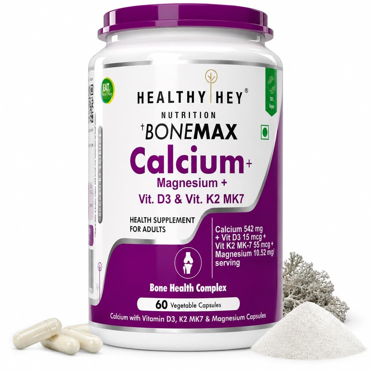 HealthyHey Nutrition Vegan Calcium with Magnesium, Vitamin D3 & Vitamin K2- Mk7 - BoneMax - Bone Health Complex - 60 Vegetable Capsules