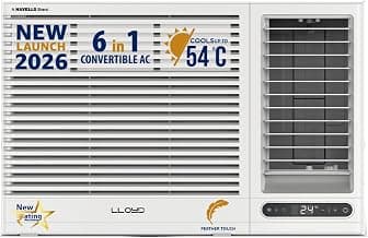 Lloyd 1.5 Ton 5 Star Side Throw Inverter Window AC (6 in 1 Convertible, Cools Up To 54°C, Turbo Cool, Feather Touch Control, Remote Control Operation, LED Display, 100% Copper, White, GLW18I5AGSPR)