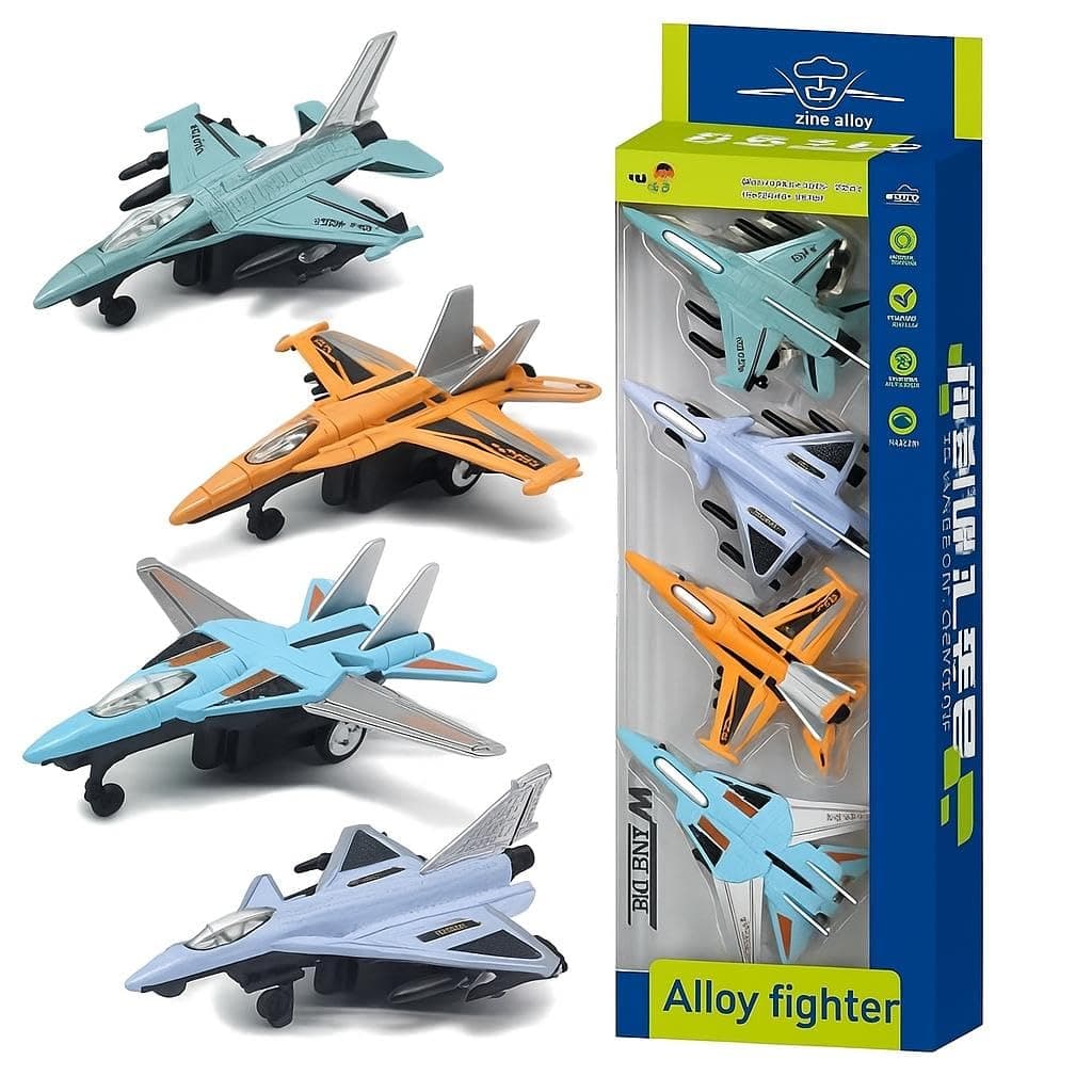 FEXXA Air Force 4-Pack Die Cast Airplanes, Pull Back Military Fighter Jets, Diecast Air Plane Models | Pull Back Alloy Airplanes for Boys ([GX-L-886-PACK-4] Colour AS PER Stock)