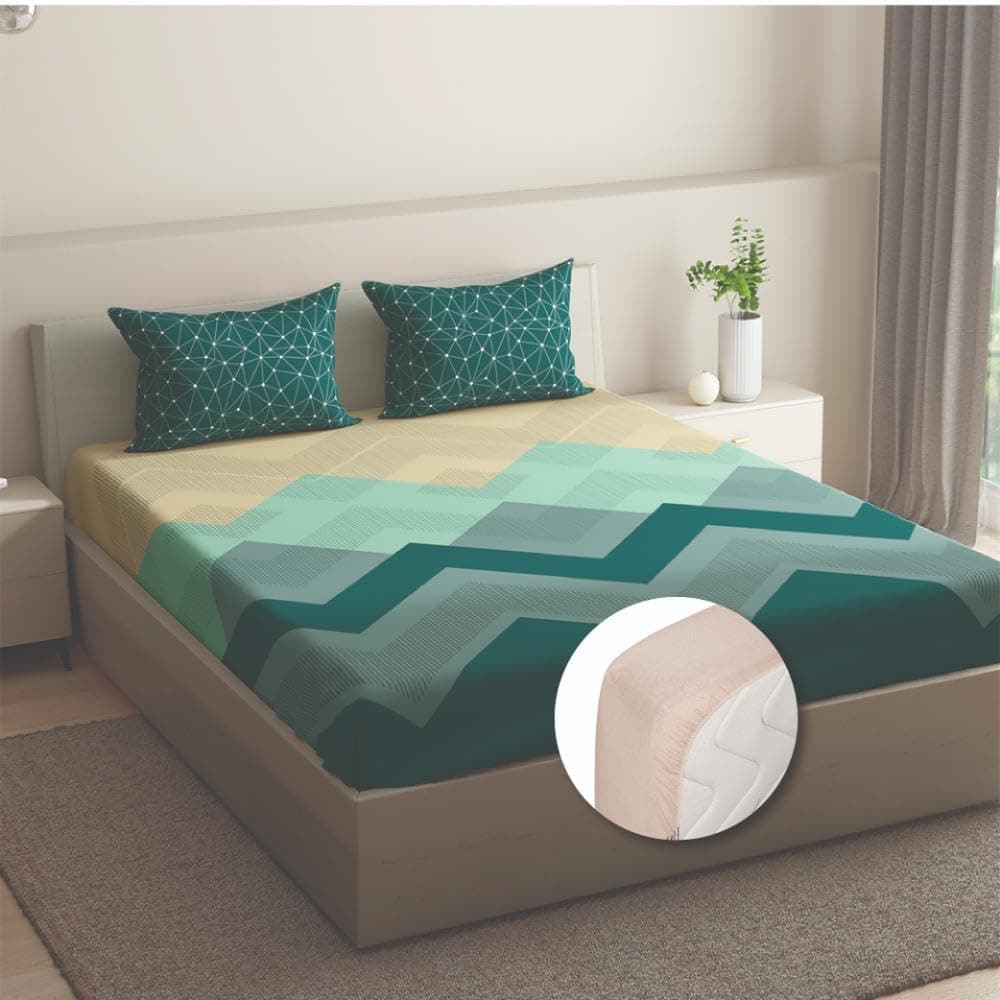 Wakefit Cotton Fitted Bedsheet | 200 TC Elastic Fitted Sheet, King Bed Bedsheet with 2 Pillow Striped Covers | Michele - 75X72 Inches, Multicolor