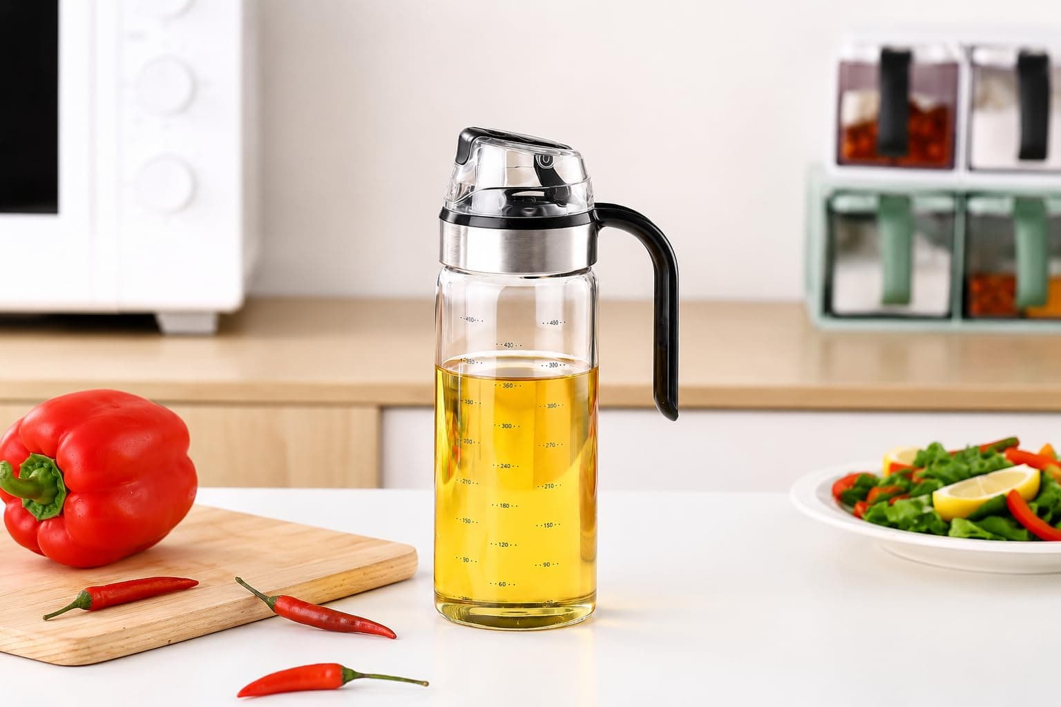 STITCHPAIR Oil Dispenser Bottle with Handle & Measurement | Leakproof Glass Oil Dispenser for Kitchen Cooking, Salad, Frying & Daily Use
