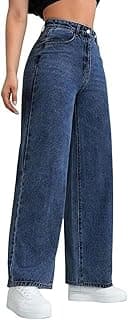 Generic Women Wide Leg High Rise Jeans | Blue Loose Fit Denim Pants | High Waist Baggy Boyfriend Style Cotton Jeans for Women & Girls