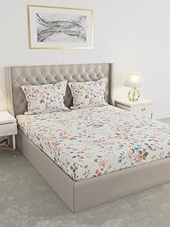 Raymond Home 100 GSM Insignia Ultra Soft Floral Double Bedsheet (2.25 Mx2.50 M) with 2 Pillow Covers(46 CM x 69 CM) - Off White & Pink