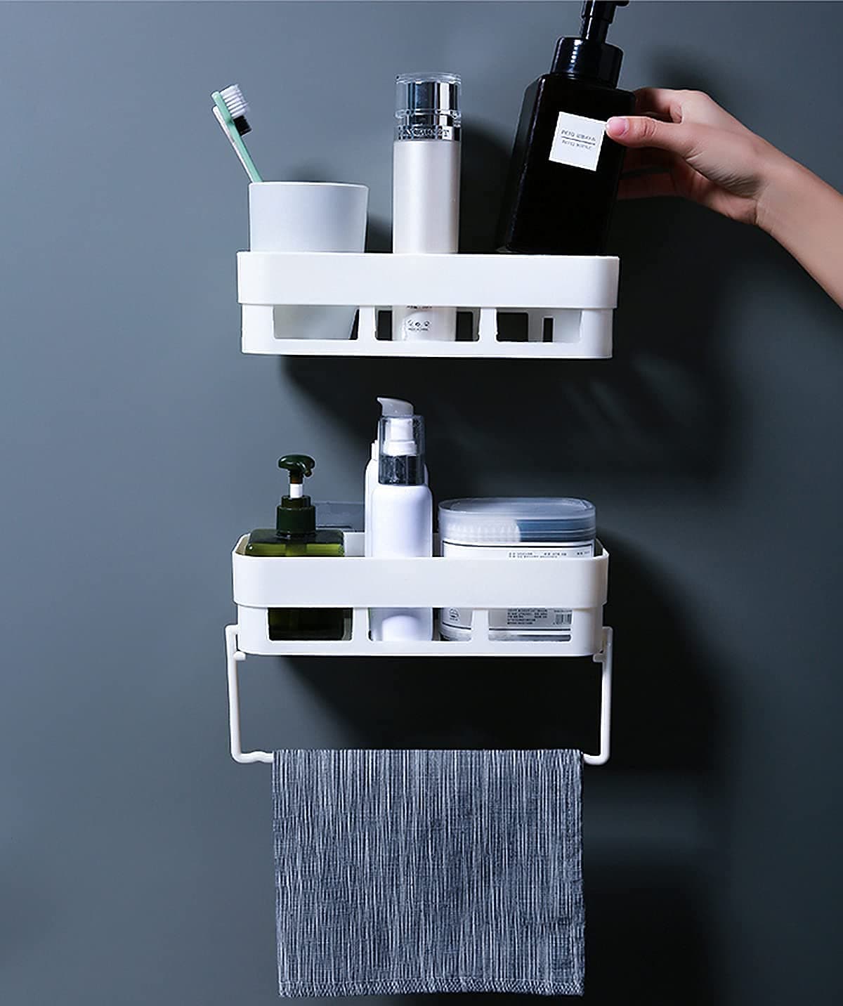 WIDE MART Plastic Rectangular Multipurpose Wall Shelves with Towel Hanger Shelf Self-Adhesive Sticker Hooks Wall Holder Bathroom Storage Rack Box Strong Shower Rack Shelf - White (2 Pieces)