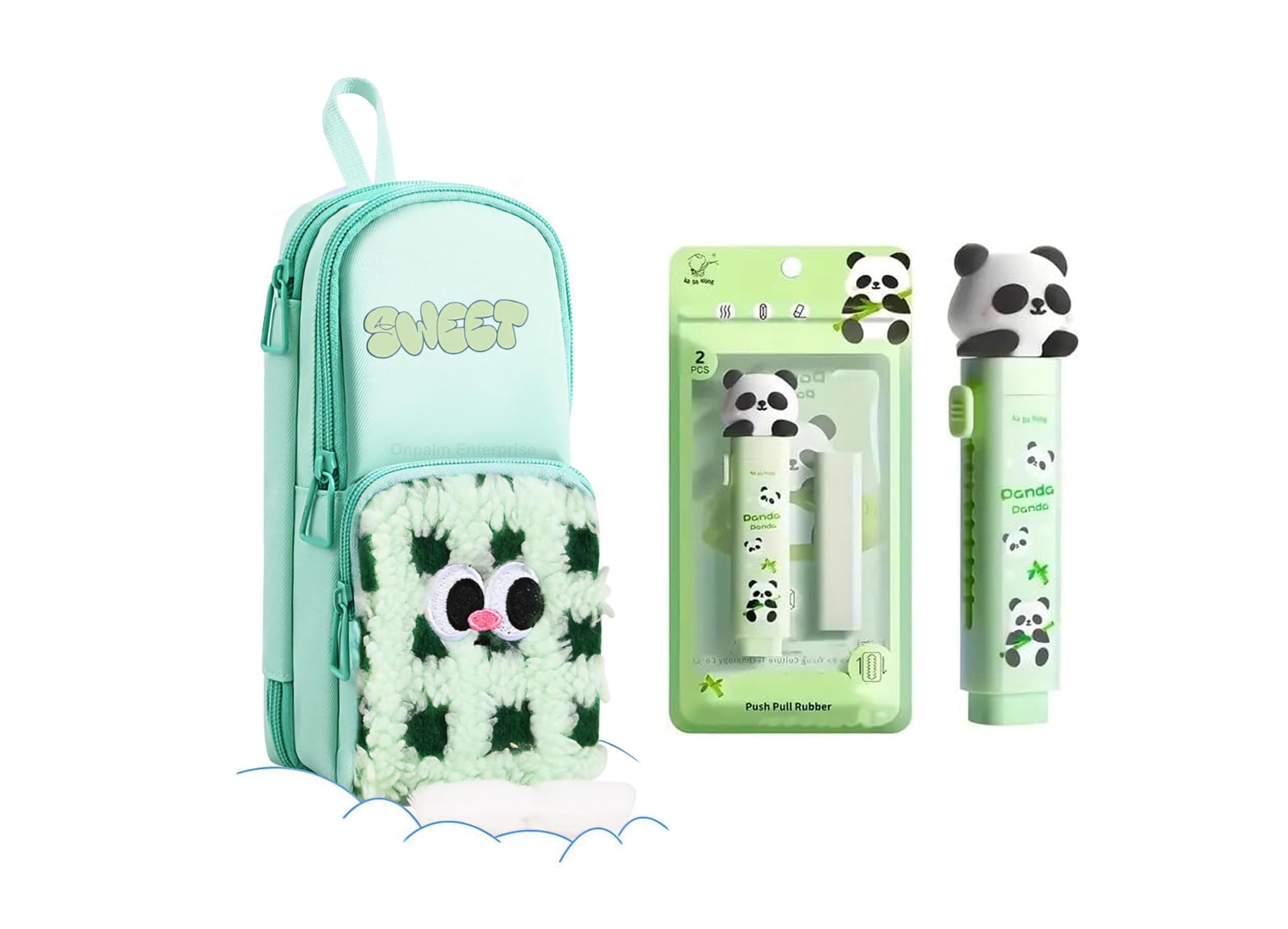Onpalm Enterprise Kawaii Cute Green Pencil Pouch with Push-Pull Eraser Set for Kids Soft Plush Cartoon Stationery Combo School Supplies for Boys & Girls Multi-Pocket Zipper Case + Eraser | Gift Pack