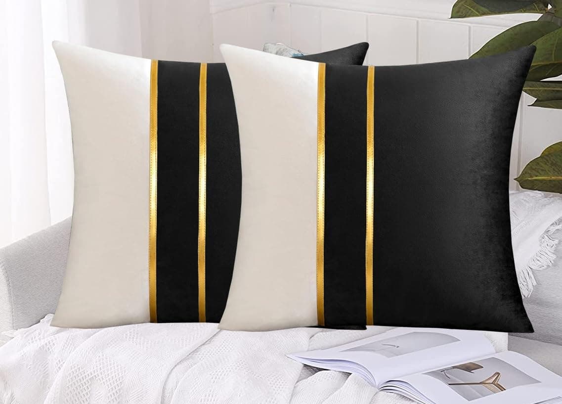 HIMS Velvet Sofa Pillow Cover Set of 2, Cushion Covers 12 inch x 12 inch for Cushion Covers Decor Living Room Sofa Bedroom Car (Black/White, 12x12 inch)