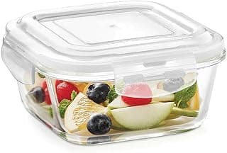 Borosil 320ml Klip n Store Square Glass Food Storage Container with Air Tight Lid | Borosilicate Glass Container for Lunchbox | Microwave & Dishwasher Safe | Transparent