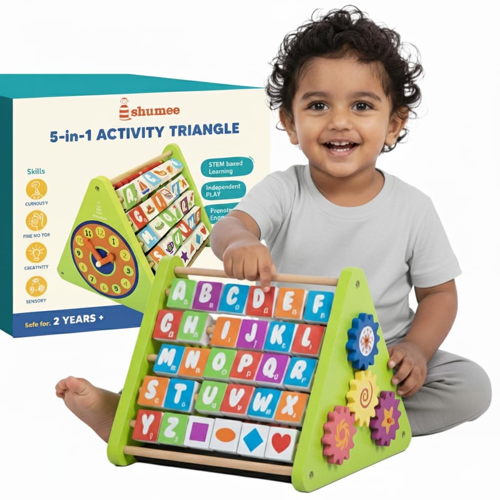Shumee 5‑in‑1 Wooden STEM Activity Triangle for Kids | Learning Toy with Abacus, Alphabet, Numbers & Clock | Educational Montessori Toy | Gift for Toddlers | Abacus and Gear Cube | Toys for Babies