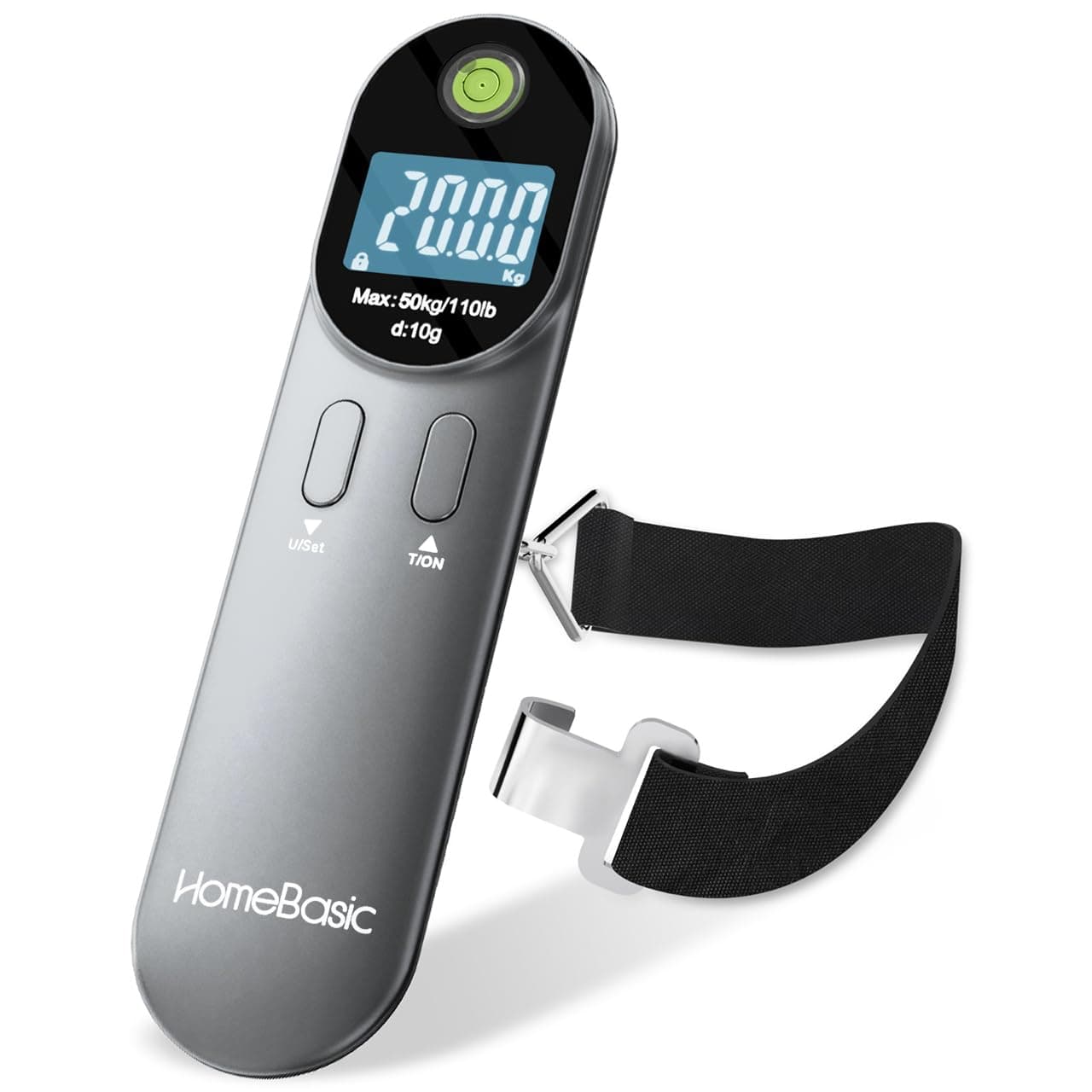 HOMEBASIC Luggage Weight Scale 50kg/110lb for Flights, Digital Weighing Machine with LCD Display, Overweight Alert, Bubble Level, Hook & Strap, Portable Travel Scale (Grey)