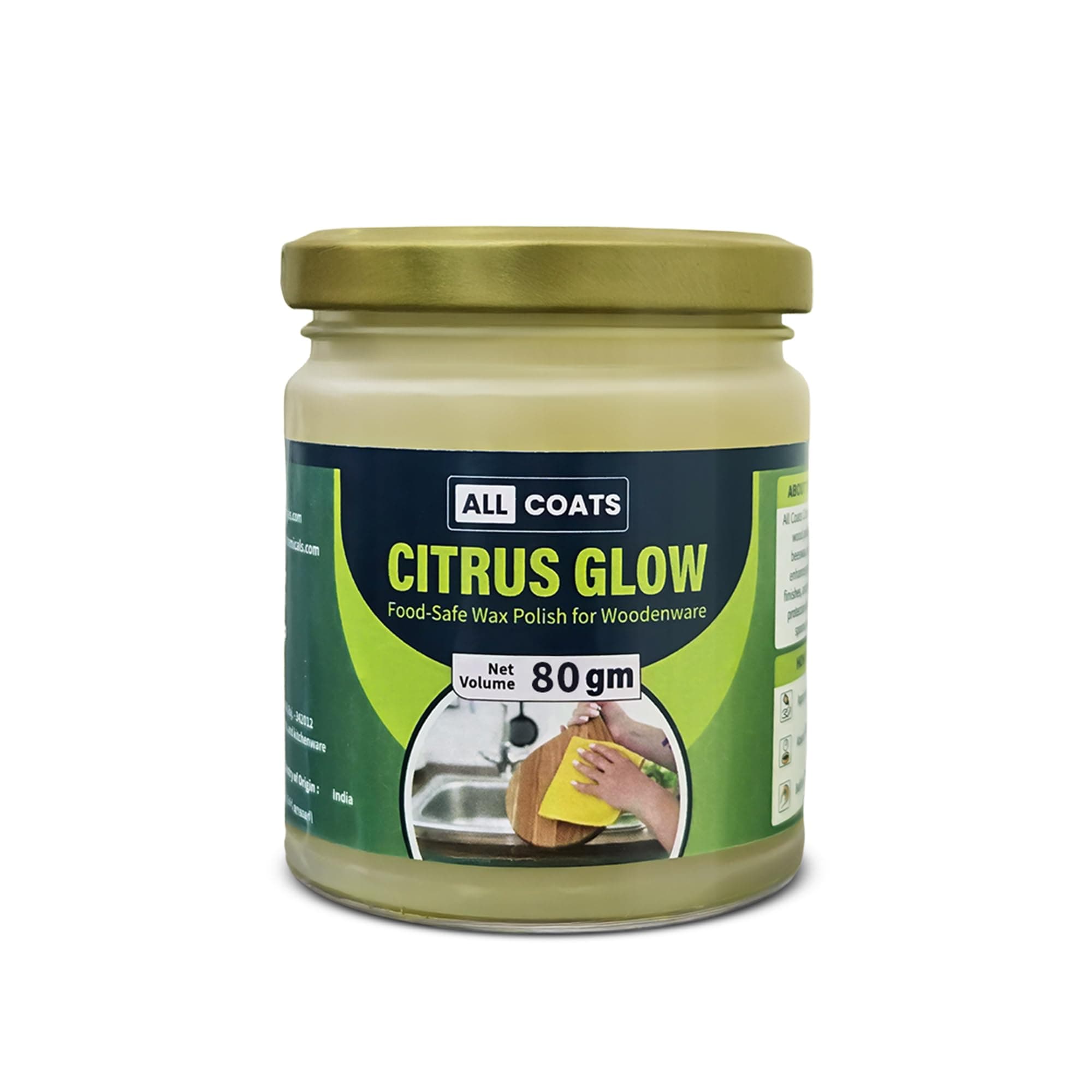 ALL COATS Citrus Glow – Food-Safe Wood Wax Polish with Natural Beeswax | Premium Care for Wooden Utensils, Spatulas, Chopping Boards & All Furniture Surfaces (80 GM)