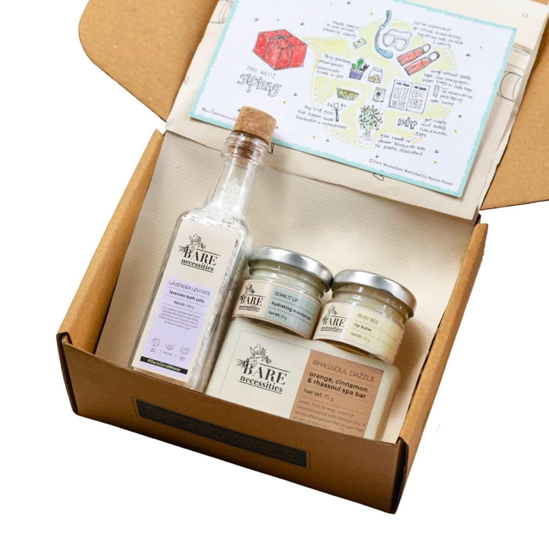 Bare Necessities Luxury Spa Gift Hamper for Women & Men | Bath & Body Gift Set with Moisturiser, Lip Balm, Charcoal Soap & Bath Salt | Self Care, Wellness & Sustainable Gift Box for Birthday, Anniversary & Relaxation