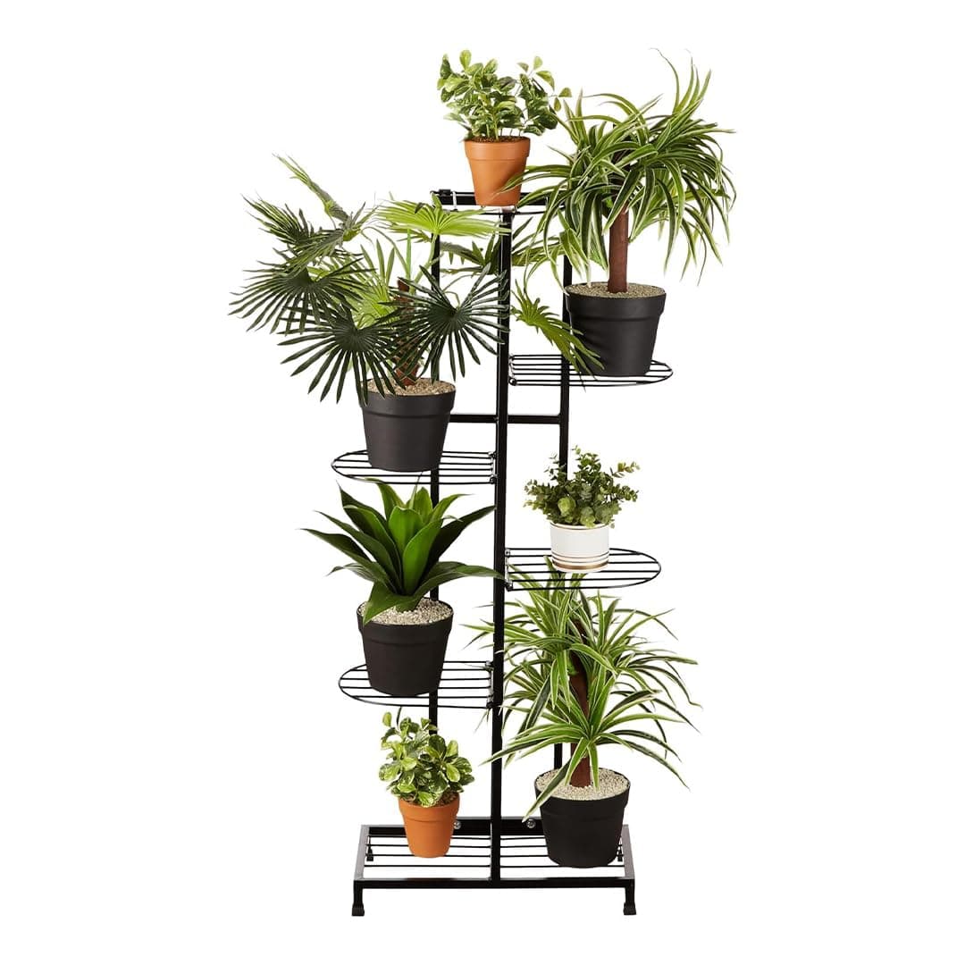 Amazon Brand - Solimo 7 Tier Metal Potted Flower Pot Stand (Black) | Multi-level Plant Stand For Garden Balcony Outdoor Indoor Living Room | Pot Stand (without pots)