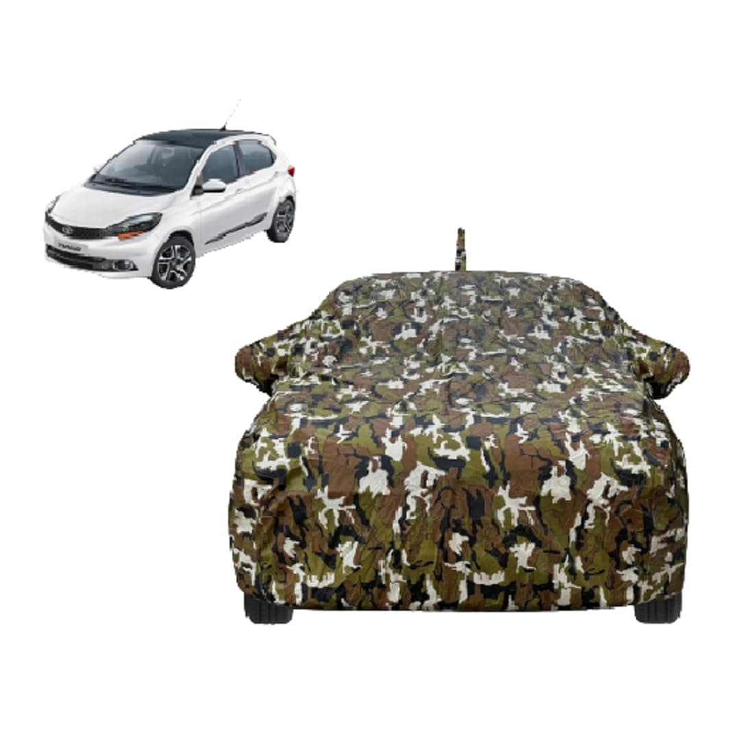 Auto Hub Car Cover Compatible with Tata Tiago with Back Antenna & Mirror Pocket, and Soft Cotton Lining, Tiago Car Cover Waterproof, Army Print