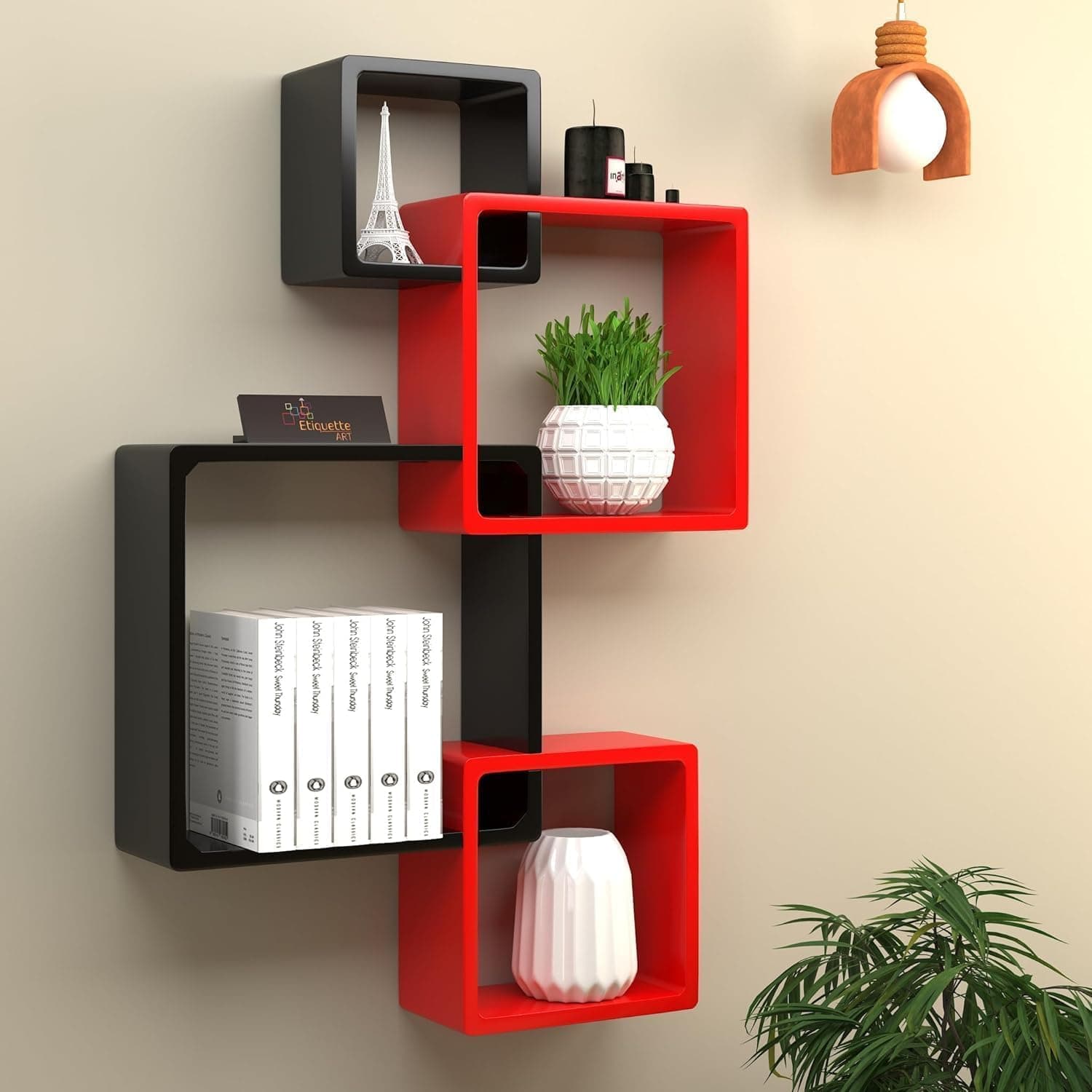 FURNIFOX Interlock Wall Mounted Storage Shelf, Decorative Display Rack Overlapping Floating Intersecting Squares Wall Shelf Living & Bed Room Decor (RED Black)