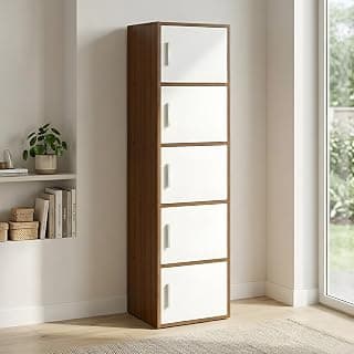 Nilkamal Sear 5 Tier Wooden Storage Cabinet | Free Standing Book Shelf with 3 Doors & 3 Spacious Shelves | Engineered Wood | Organizer for Home & Office | Classic Walnut & White | DIY(Do It Yourself)