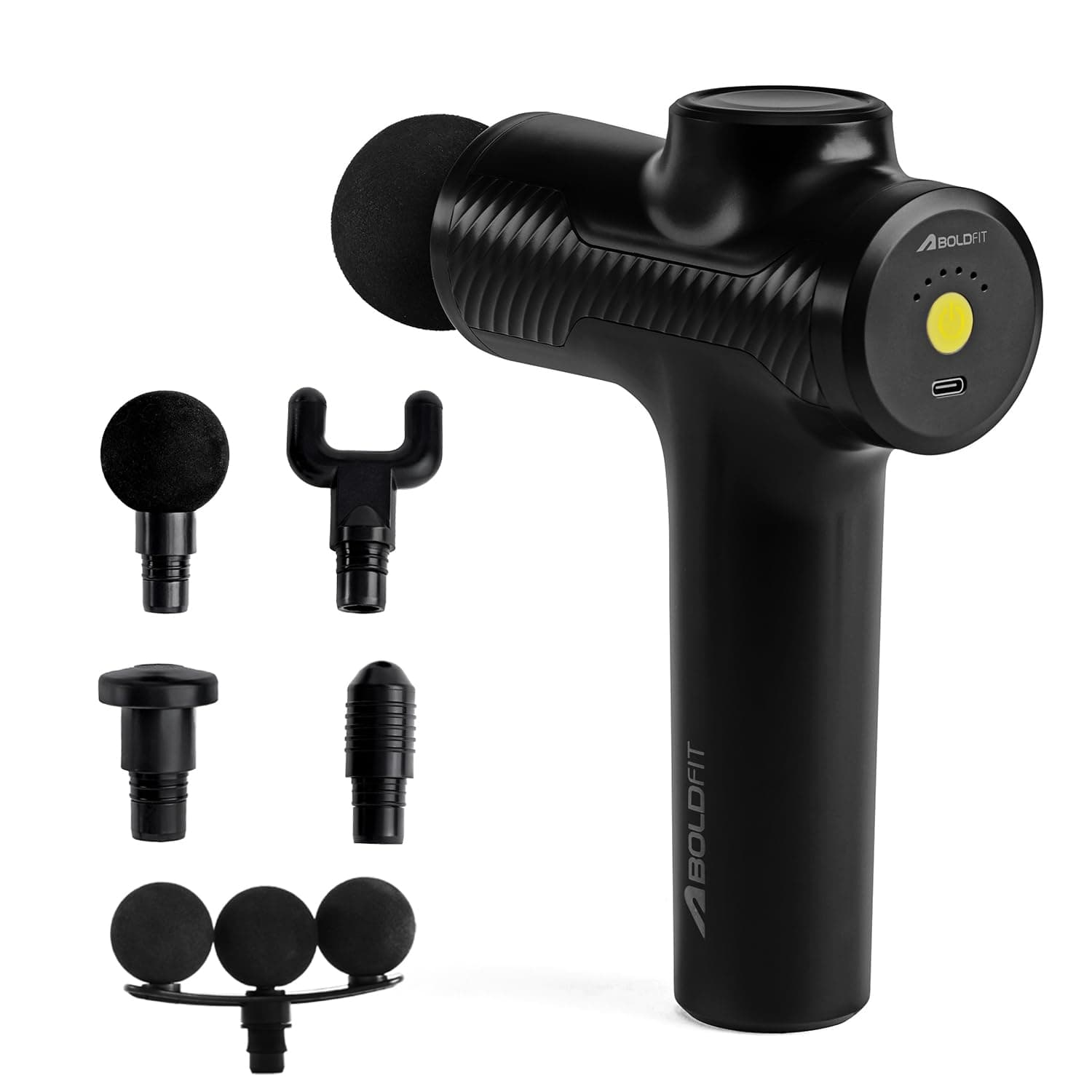 Boldfit BoldGun Thrust Full Body Massage Gun for Pain Relief - Deep Tissue Muscle Massager with 4 Pro Heads, 6 Speed Levels & Type-C Charging for Gym & Home, Black