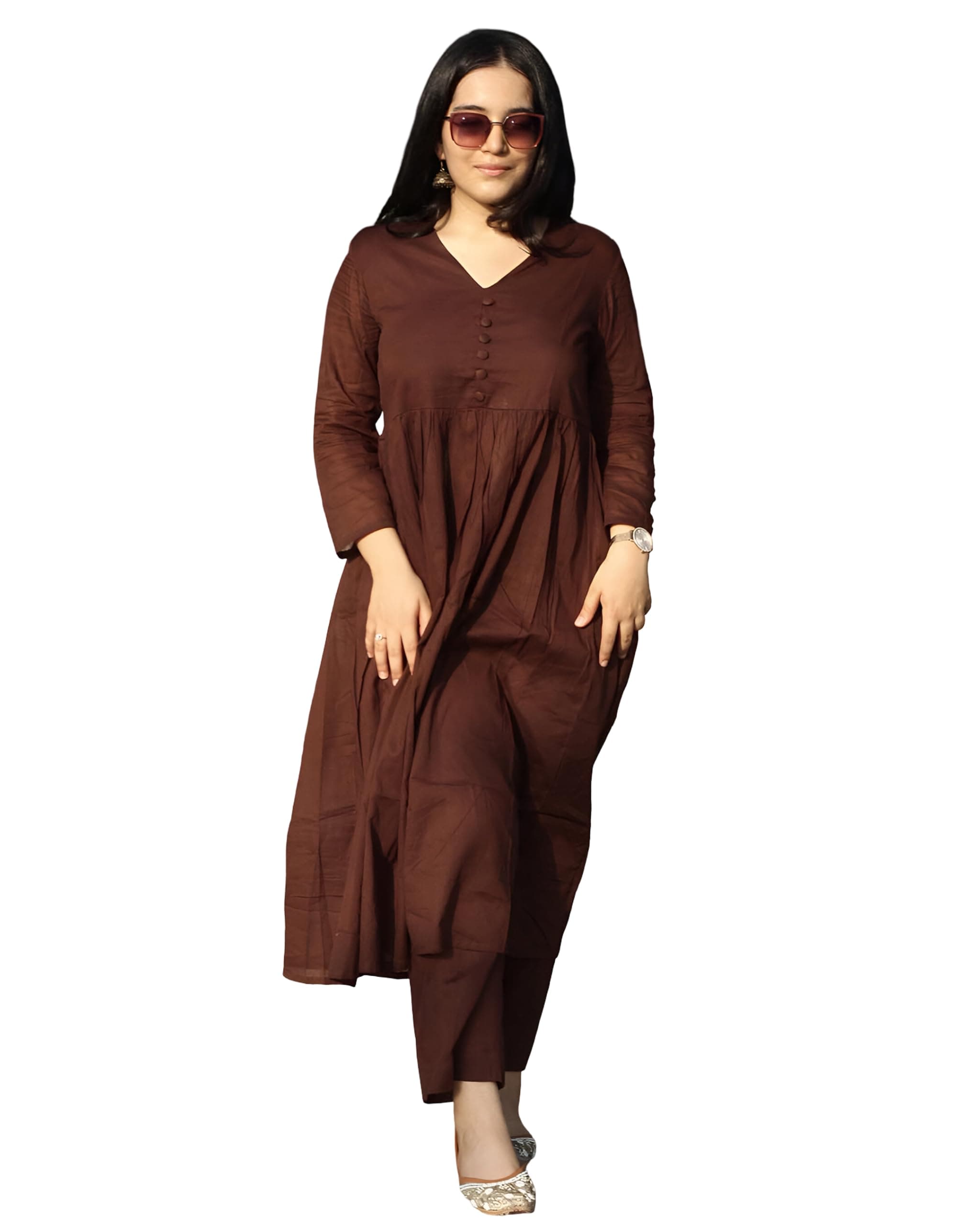 ISTOCAN Anarkali Kurta Pant Set for Women Long Flared V-Neck Kurta | Office & Casual Wear | 3/4 Sleeve | Button Front
