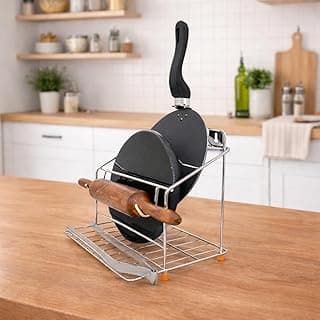 4-in-1 Stainless Steel Chakla Belan Tawa Chimta Stand for Kitchen - Wall Mount Rack for Rolling Pin, Board, Tong Holder (NHSP)