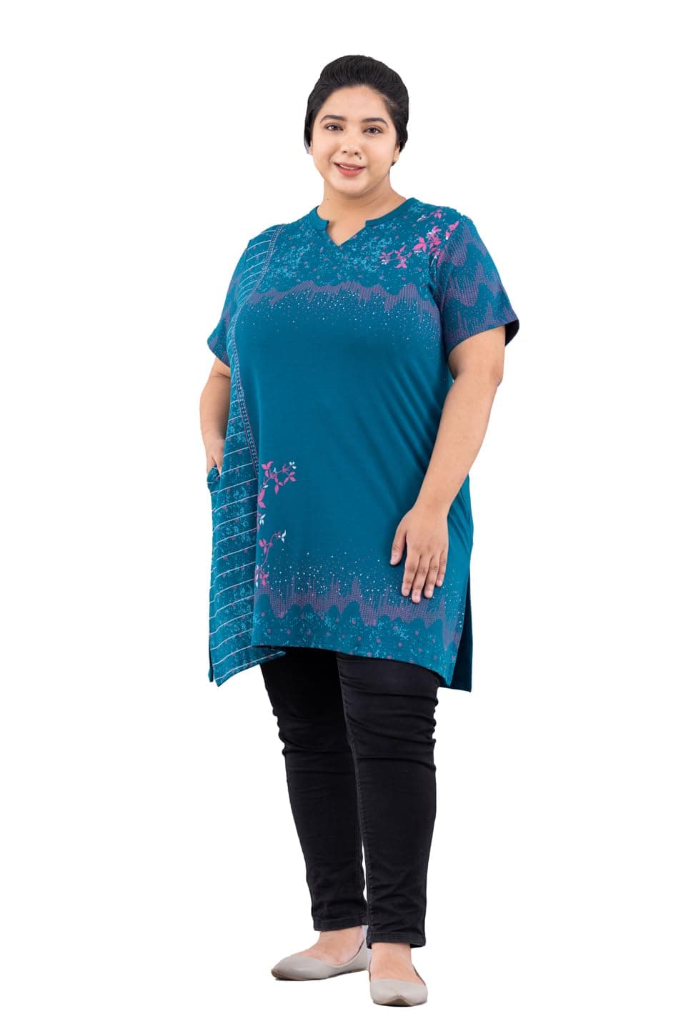 CUPID Women's Cotton Plus Size Half Sleeves Long Top for Semi Summers with One Side Pocket for Ladies Printed T Shirt_3XL to 7XL