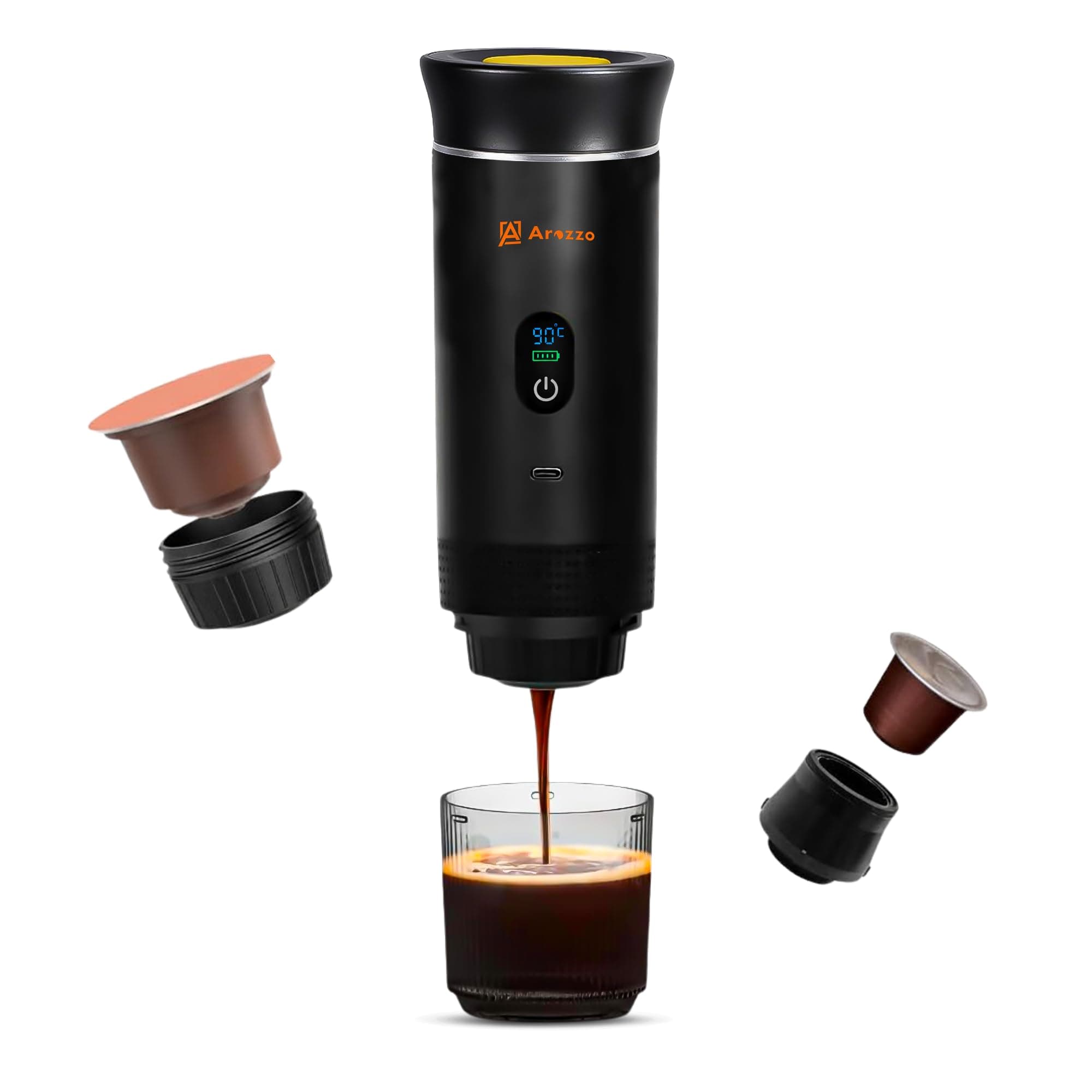 AROZZO CART 3 in 1 Portable Electric Espresso Machine, Hot & Cold Cofee Maker, Brewer Compatible with Ground Coffee & NS Capsules | Perfect for Home, Office & Camping (Black with LCD Screen) (BLACK)