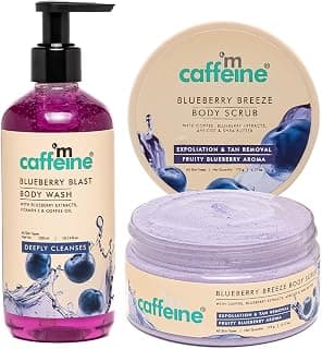 mCaffeine Blueberry Blast Detan & Cleanse Duo for Glowing Skin| Deep Cleanses, Exfoliates, Nourishes | Womens Day Gift Kit for Friends & Family Blueberry Body Wash - 300ml & Bluberry Scrub - 175 g | Fruity Blueberry Aroma for Men & Women