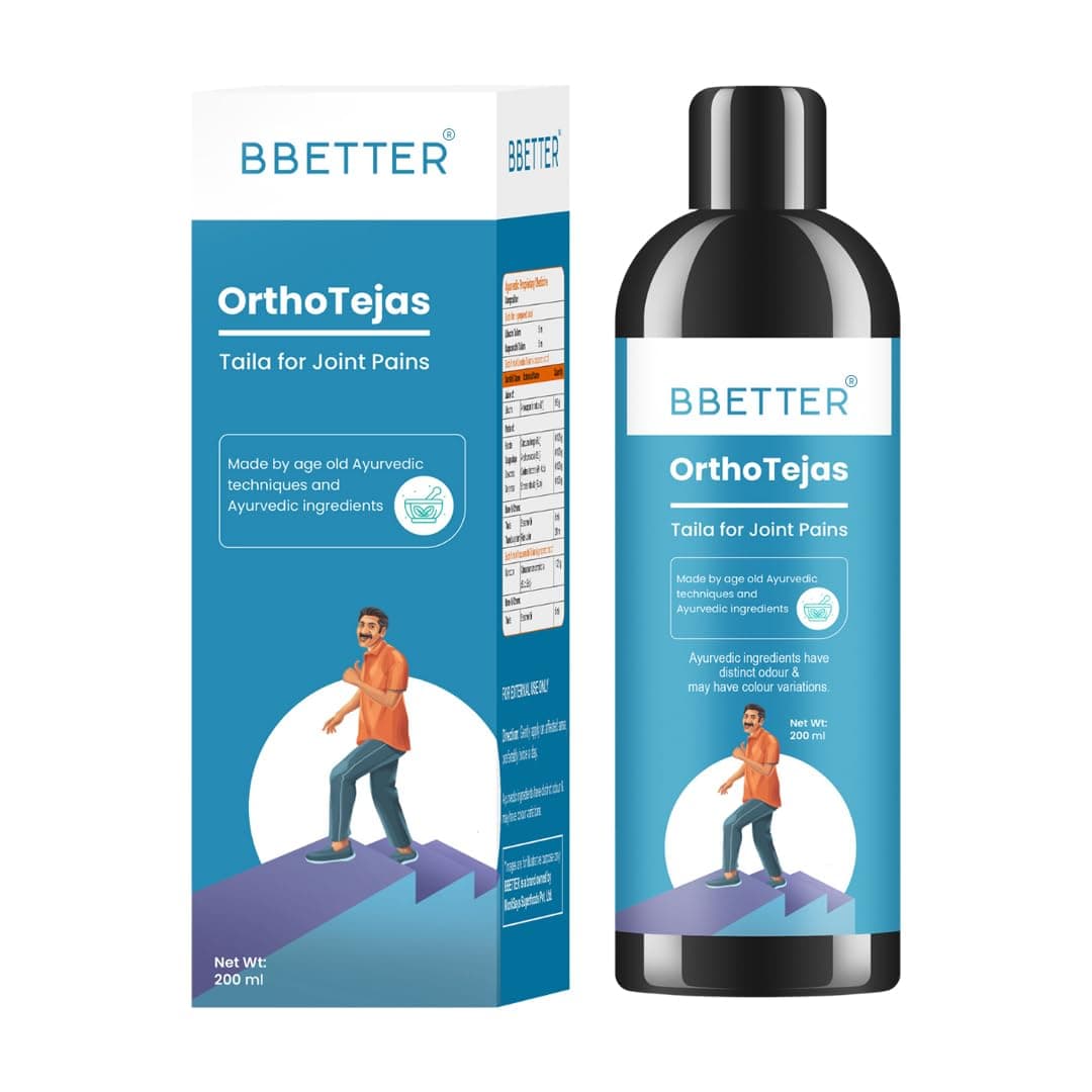 BBETTER OrthoTejas | Ayurvedic Oil for Knee, back, shoulder & Joint Pain Relief, Swelling and Stiffness | Fast-Absorbing Oil with Likucha Thailam and Karpooradi Thailam | Long-Lasting Relief | 200ml