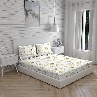 BOUTIQUE LIVING 100% Cotton Bedsheet for Double Bed King Size with Pillow Cover Set, 160 TC (White/Orange, Floral Pattern) Iris Gaze Collection, Light Weight, Moisture Absorbent, All Season Comfort