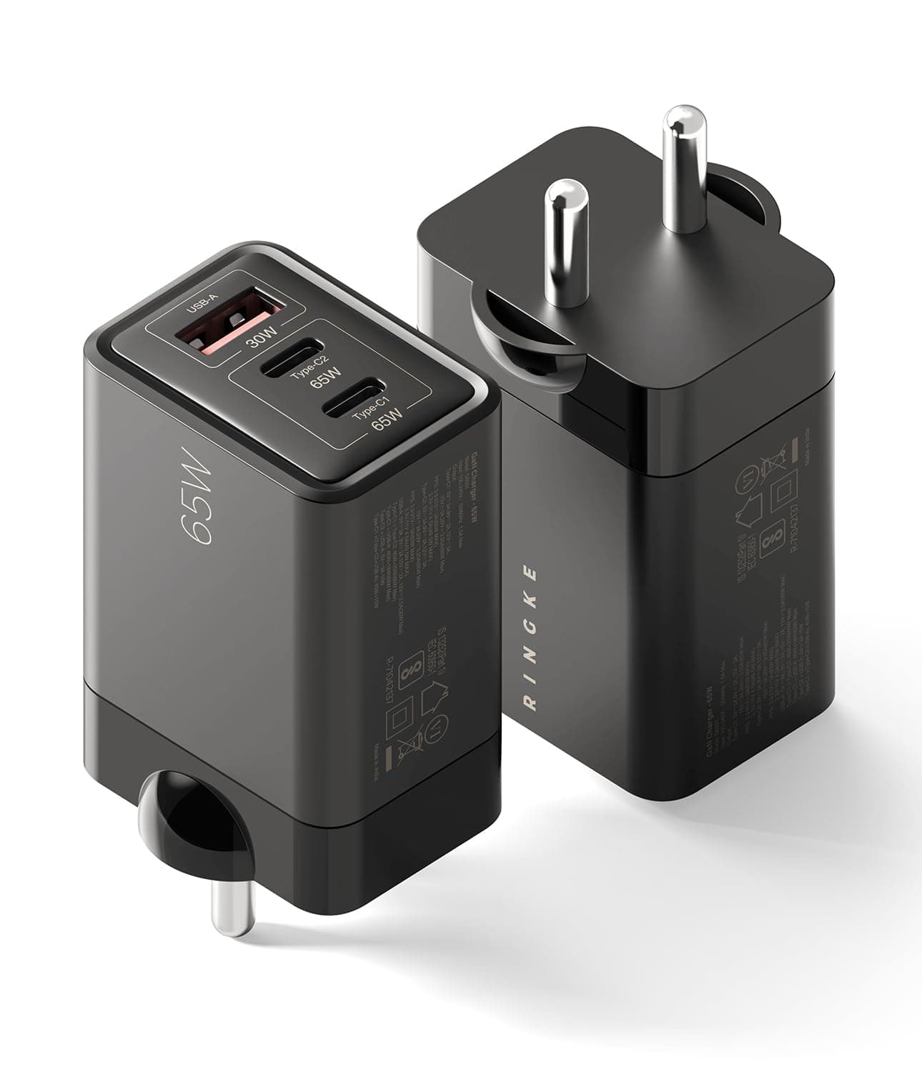 Ringke 3-Port 65W GaN Fast Charger (Type A + Type C) Adapter for Nothing 3/3a/2a/2/1, iPhone 17/17 Air/17 Pro/17 Pro Max/16/15/14/13/12,(Super Fast Charging 3.0) S26 Ultra, S25 S24, Pixel 10/9/8/7