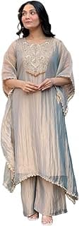 GoSriKi Women Roman Glass A-Line Kurta with Palazzo | Embroidered Kurta Set for Women | Round Neck A-Line Ethnic Kurta Palazzo Outfit for Casual Festive & Party