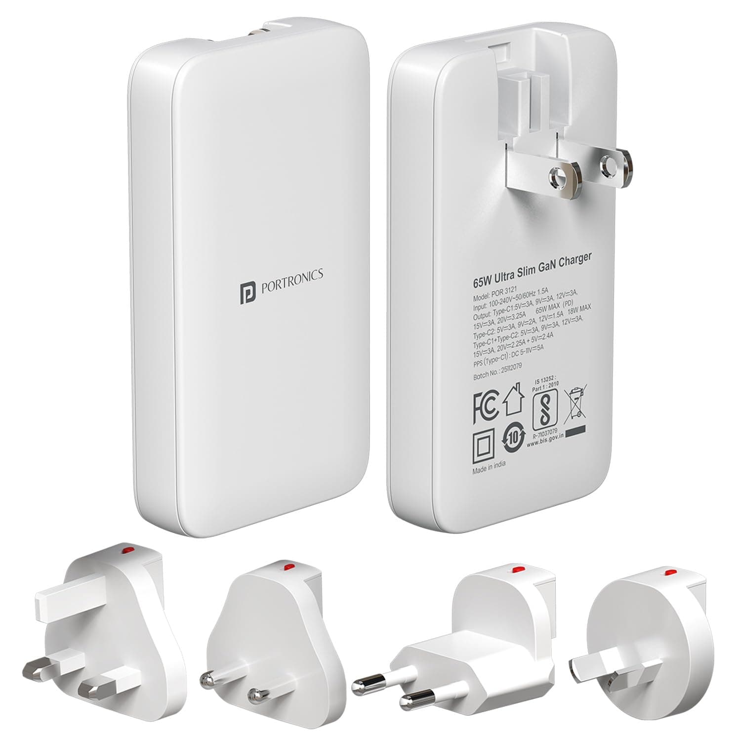 Portronics 65W Adapto 65U Ultra Slim Dual Port Fast Charging Adaptor With Swappable Heads, Type C PD Output, International Travel Fast Charging Adapter, Suitable for 180+ Countries US,UK,EU,AUS(White)