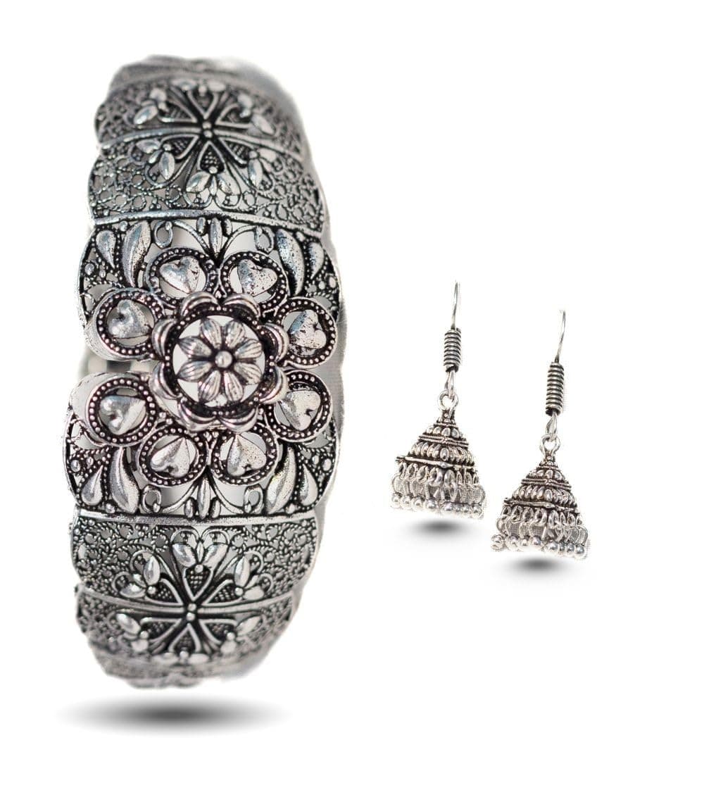 Swara Creations Traditional Silver-Plated Oxidized Brass Bracelet & Earring Set for Women (Spring Clasp/Freesize)– SKU410