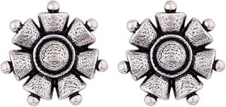 VOYLLA Silver Brass Mehrunisa Floral Stud Earrings Antique Finish Lightweight Elegant Ethnic Design Anti Tarnish Comfortable Daily Styling Womens Day Gift For Wife Sister Girlfriend