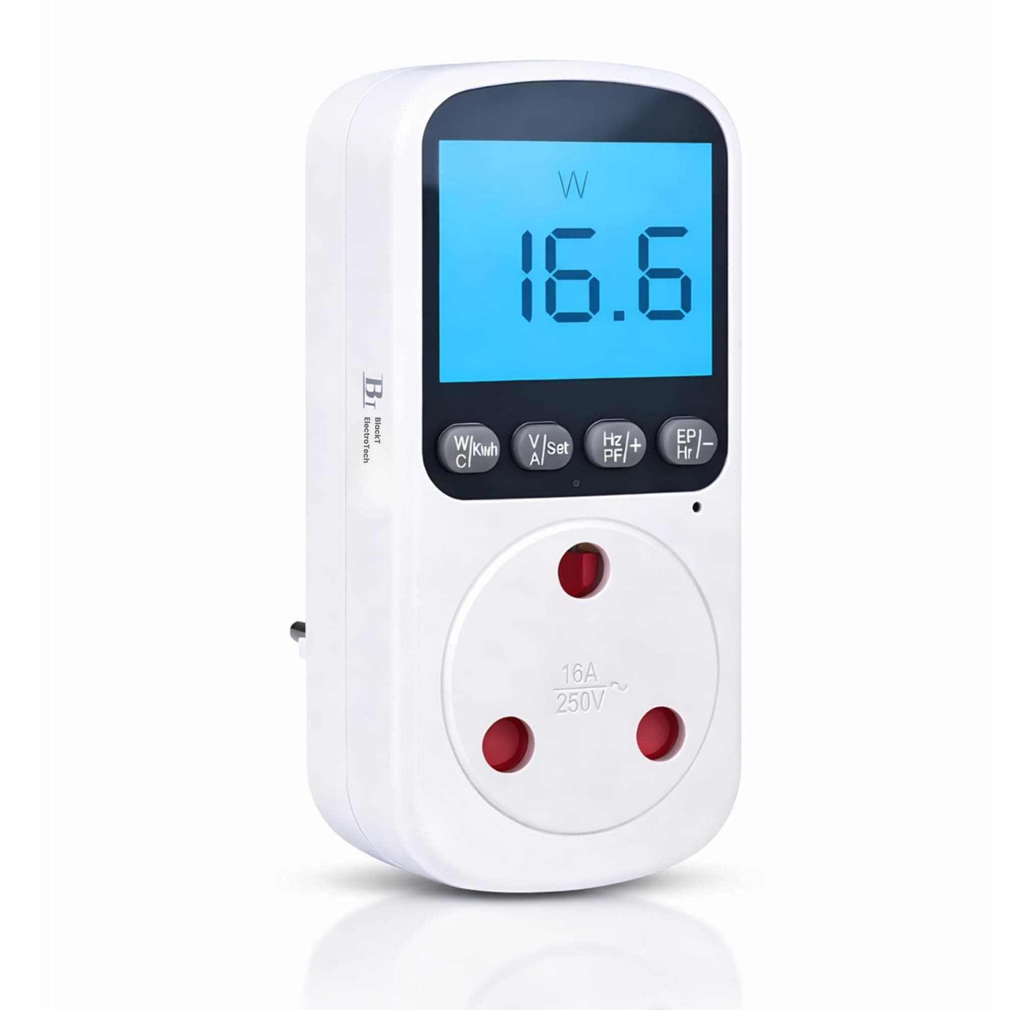 Blackt Electrotech BT72PM6 : 230 Volt 16 Amps 3-Pin Socket Digital Energy Analyzer High-Load Usage Monitor – Real-Time Watts, Volts, & kWh Tracking Module – Industrial-Grade 230V AC Plug-in Design