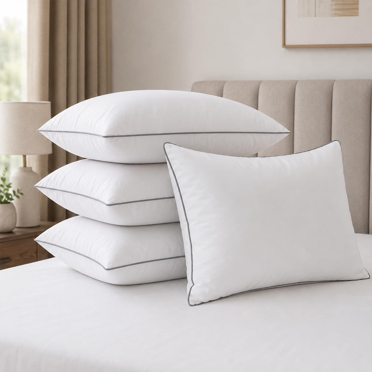 AYKA Ultimate Cotton Bed Pillow Set of 4 | 100% Virgin Microfiber Filling for Neck & Shoulder Support | 17x27” Breathable Hotel Quality Pillows | Never Flat, Anti-Bacterial | Supersoft