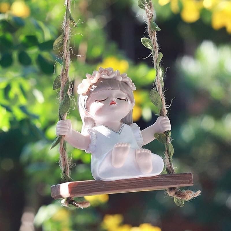 The Decorshed Cute Girl Swing Idol Figurine - White | Decorative Resin Cute Idol of Girl On Jute Rope Swing | Home Décor Item | Ideal for Gardens, Balconies, Windows & Kids Room