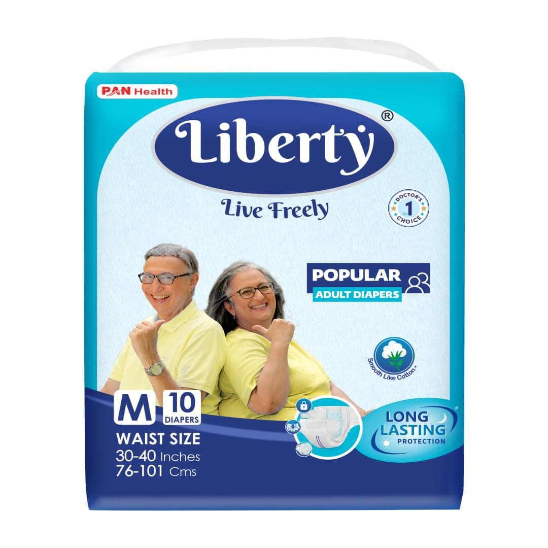 Liberty Popular Adult Diapers, Tape Style, Medium (M) Size, 10 Count, Waist Size (76-101cm | 30-40 inches), Unisex, High Absorbency, Leak Proof, Wetness Indicator, Pack of 1