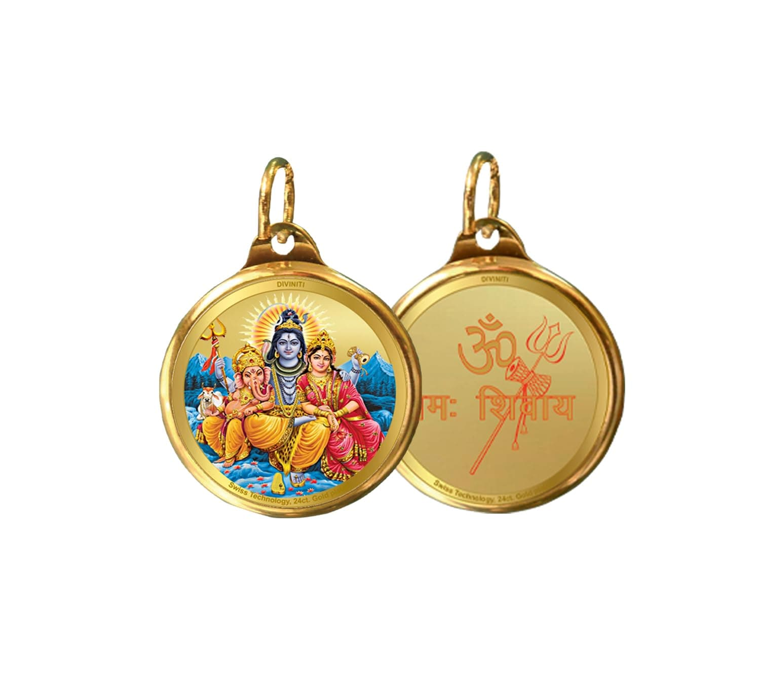 DIVINITI 24K Gold Plated Shiv Parivar & Om Pendant | 22MM Double Sided Gold Locket for Men & Women | Spiritual Religious Temple Jewellery Necklace Gift