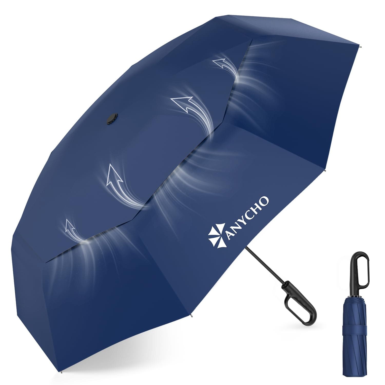 ANYCHO 54 Inch Umbrella for Rain Big Size, Double Layer Vented Sun Umbrella with Carabiner Handle & 8 Double Ribs, Windproof Waterproof Auto Open Umbrella for Men Women