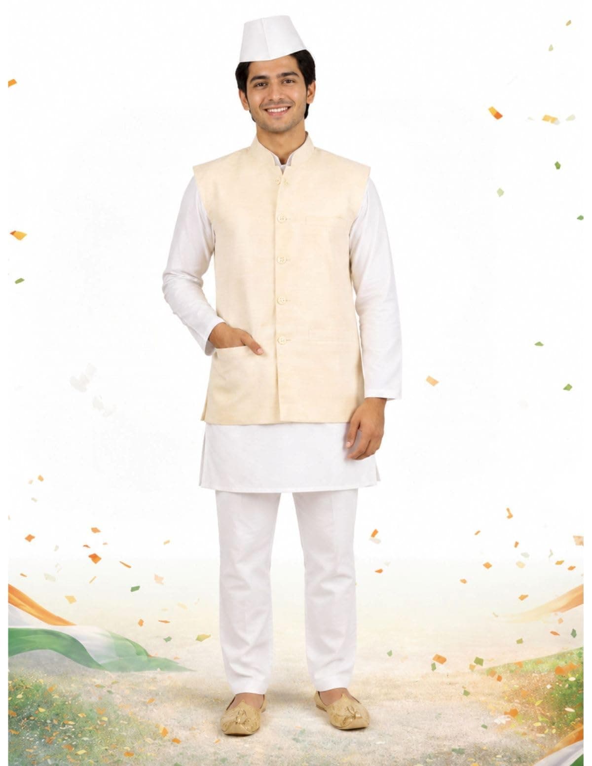 BookMyCostume Jawahar Lal Nehru Panditji Prime Minister Fancy Dress Costume Adult M-L,Cream/White